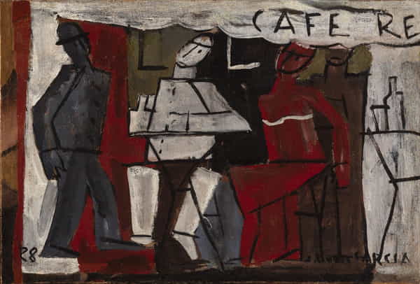 a painting of people in a cafe