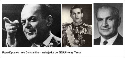 Papadópoulos - rey Constantino - embajador de EEUU Henry Tasca Papadópoulos - rey Constantino - embajador de EEUU Henry Tasca